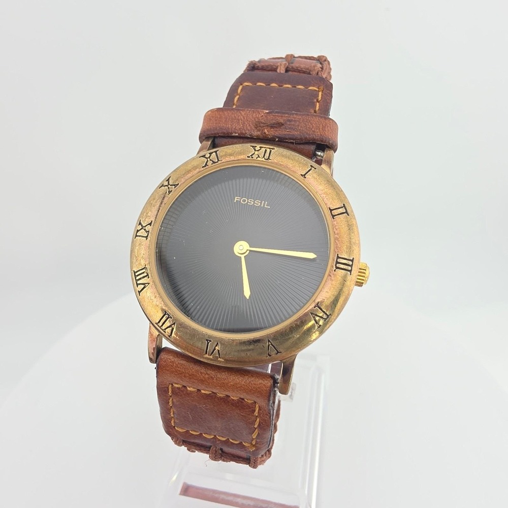 Vtg 1990s FOSSIL Mens Watch LS-5640 Minimalist Black Brown Leather Band 7.75"